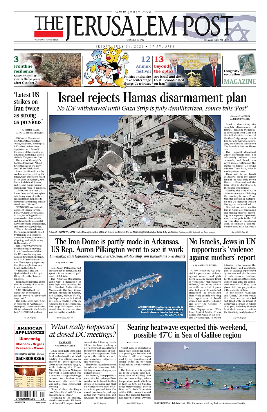 Portada The Jerusalem Post de hoy - Quiosco 31 julio 2026