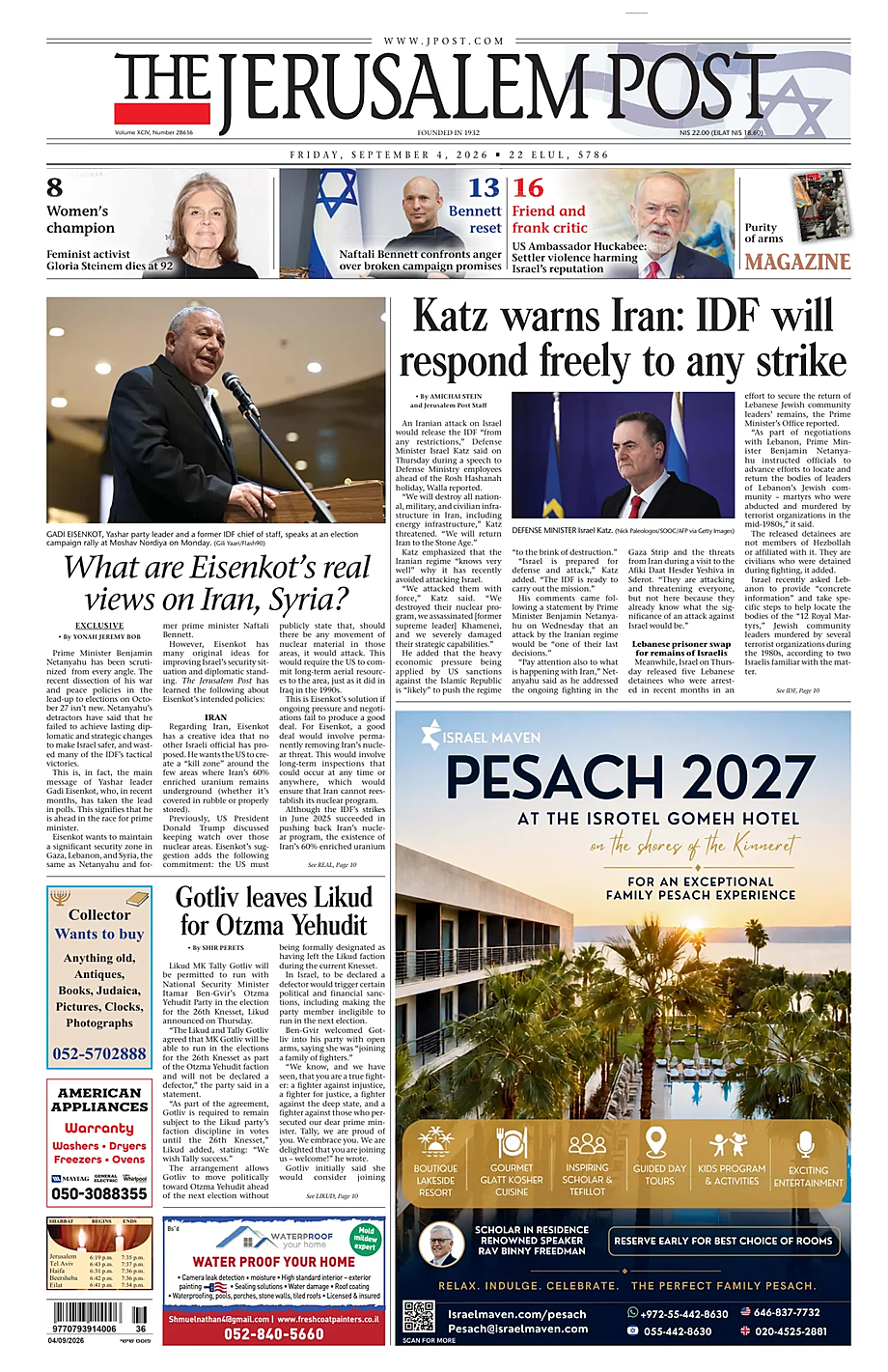 Prima pagina The Jerusalem Post di oggi - Edicola 4 Settembre 2026