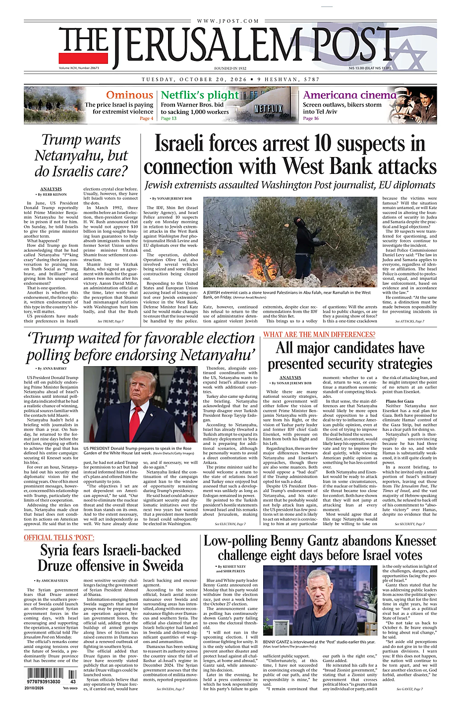 Prima pagina The Jerusalem Post di oggi - Edicola 20 Ottobre 2026