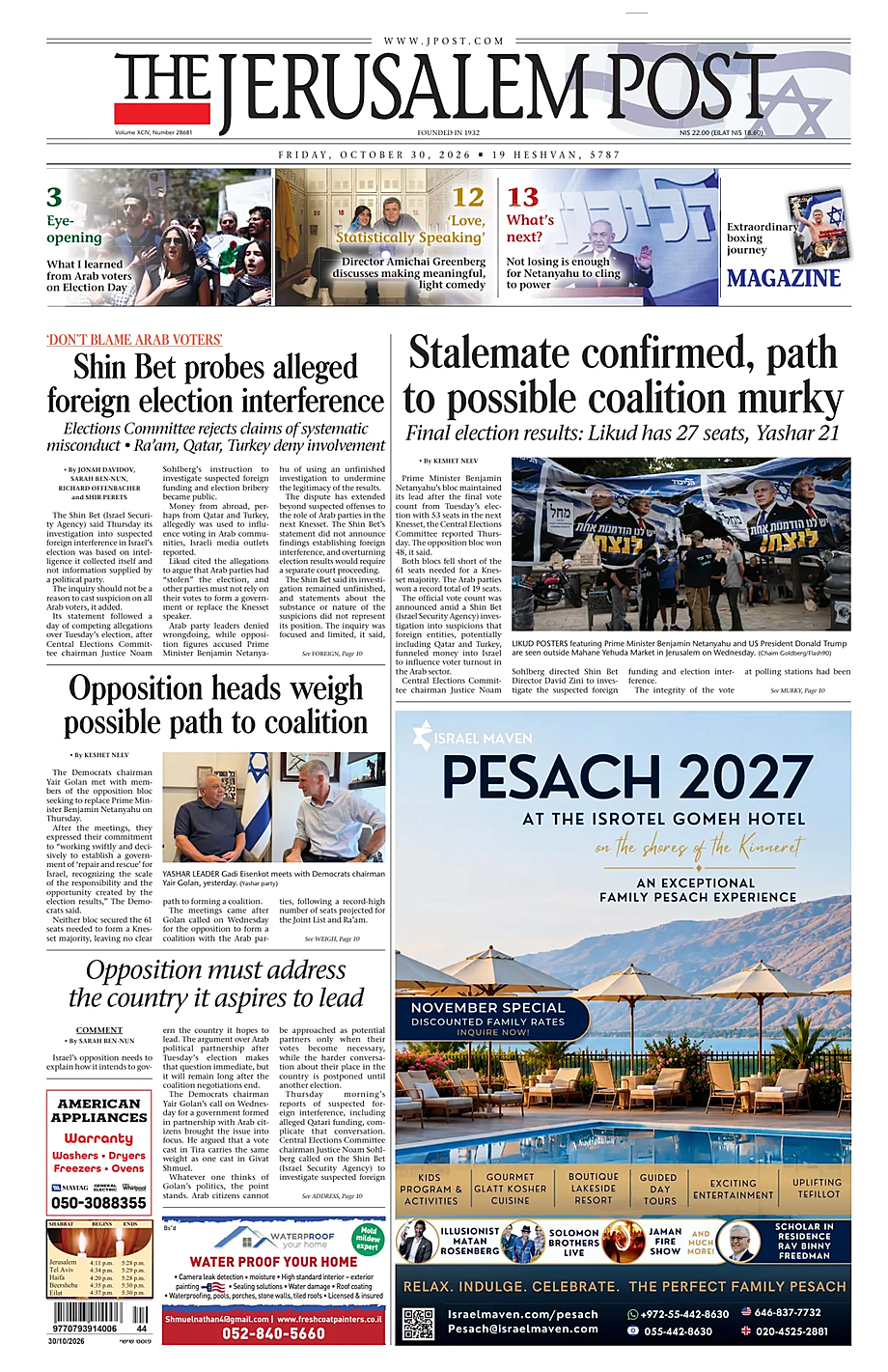Portada The Jerusalem Post de hoy - Quiosco 30 octubre 2026