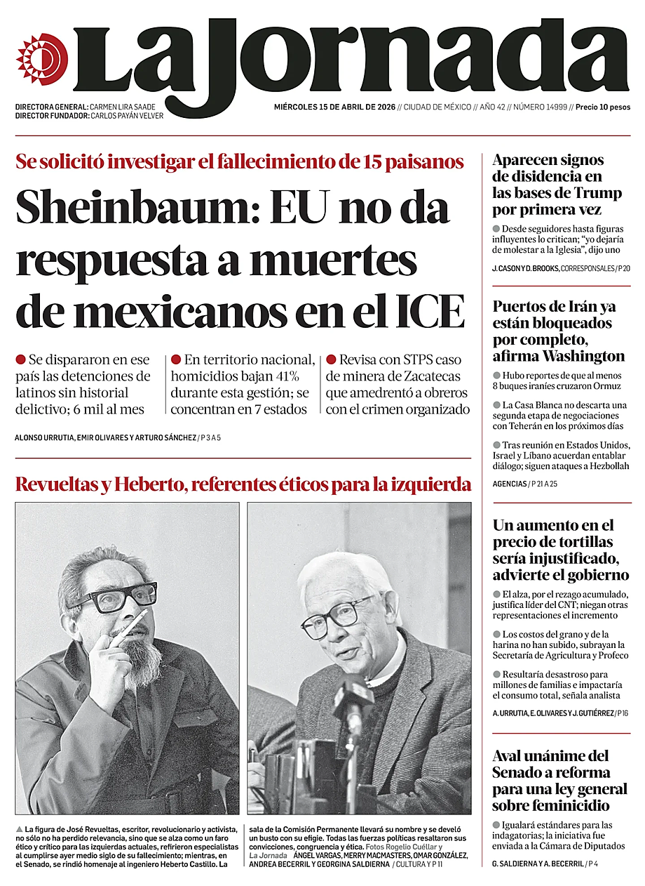 Prima pagina La Jornada di oggi - Edicola 15 Aprile 2026