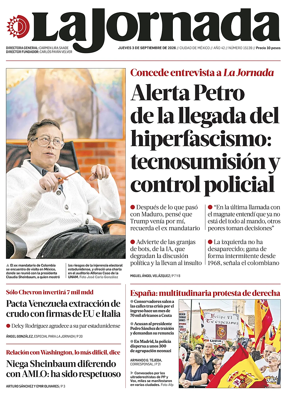 Prima pagina La Jornada di oggi - Edicola 3 Settembre 2026