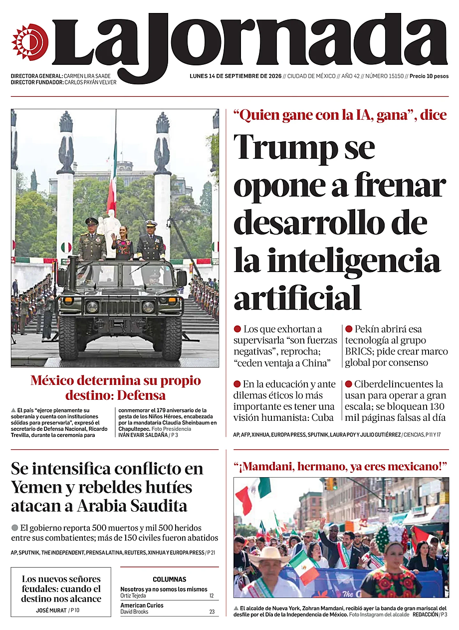 Portada La Jornada de hoy - Quiosco 14 septiembre 2026
