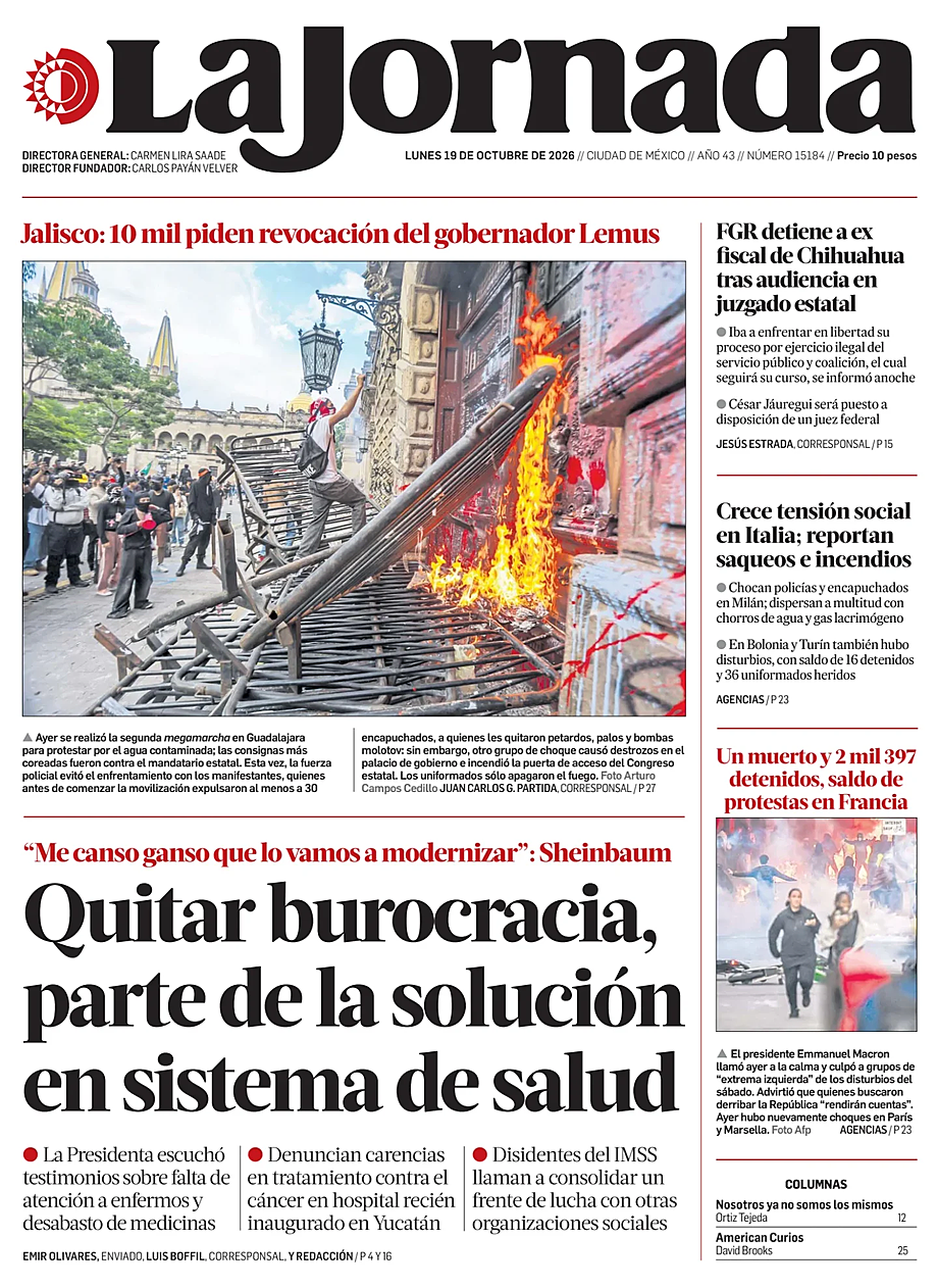 Prima pagina La Jornada di oggi - Edicola 19 Ottobre 2026