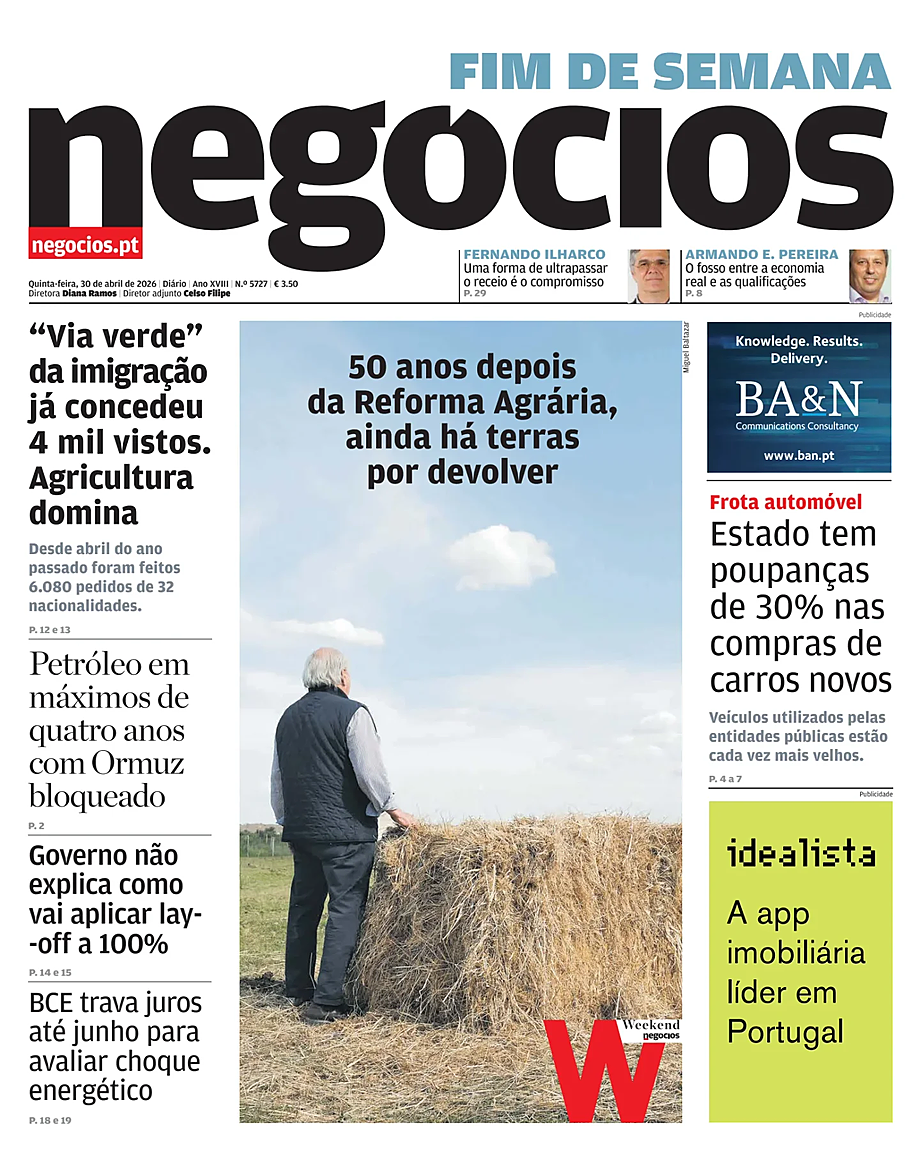 Capa de Jornal de Negócios de hoje - Imprensa 30 Abril 2026