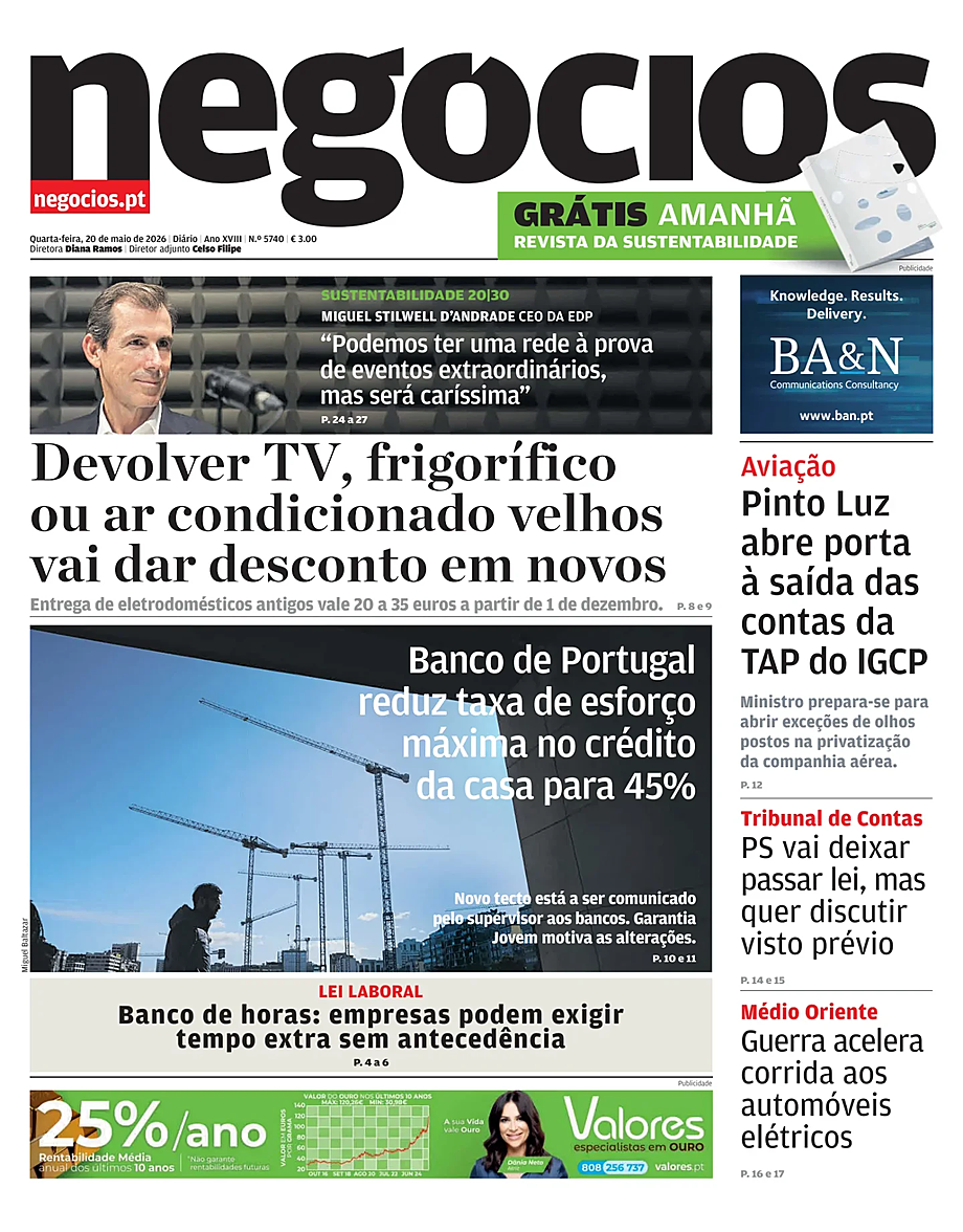 Capa de Jornal de Negócios de hoje - Imprensa 20 Maio 2026