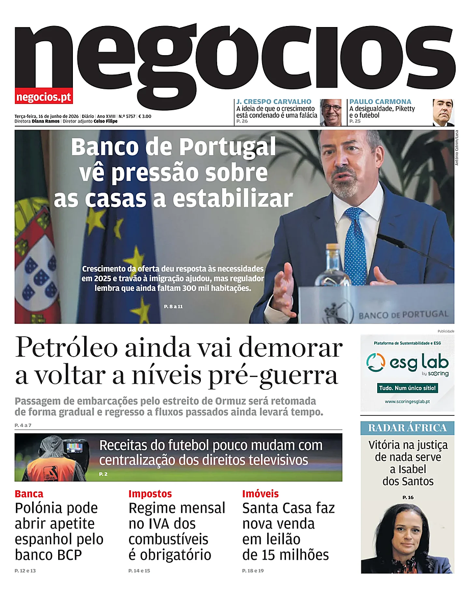 Capa de Jornal de Negócios de hoje - Imprensa 16 Junho 2026