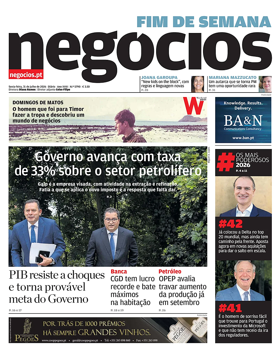 Capa de Jornal de Negócios de hoje - Imprensa 31 Julho 2026