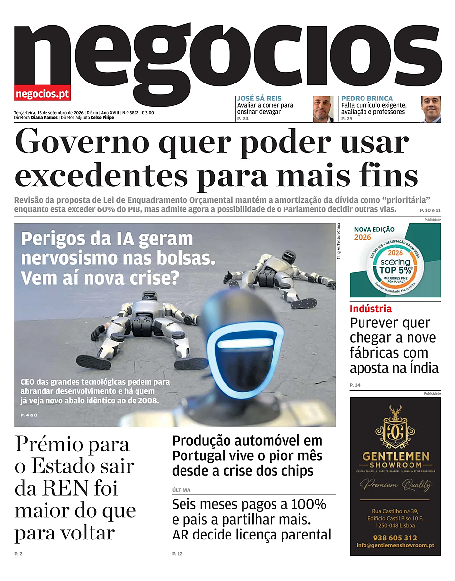 Capa de Jornal de Negócios de hoje - Imprensa 15 Setembro 2026