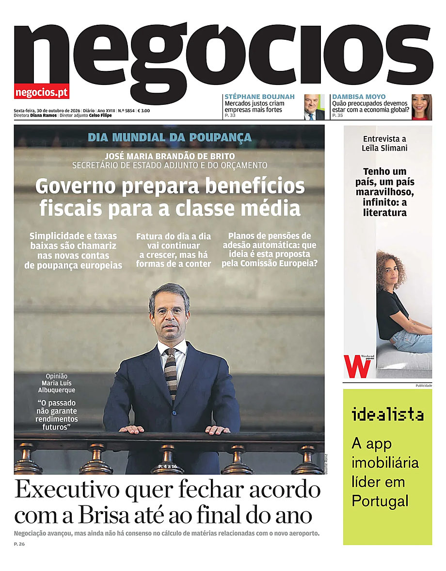 Capa de Jornal de Negócios de hoje - Imprensa 30 Outubro 2026