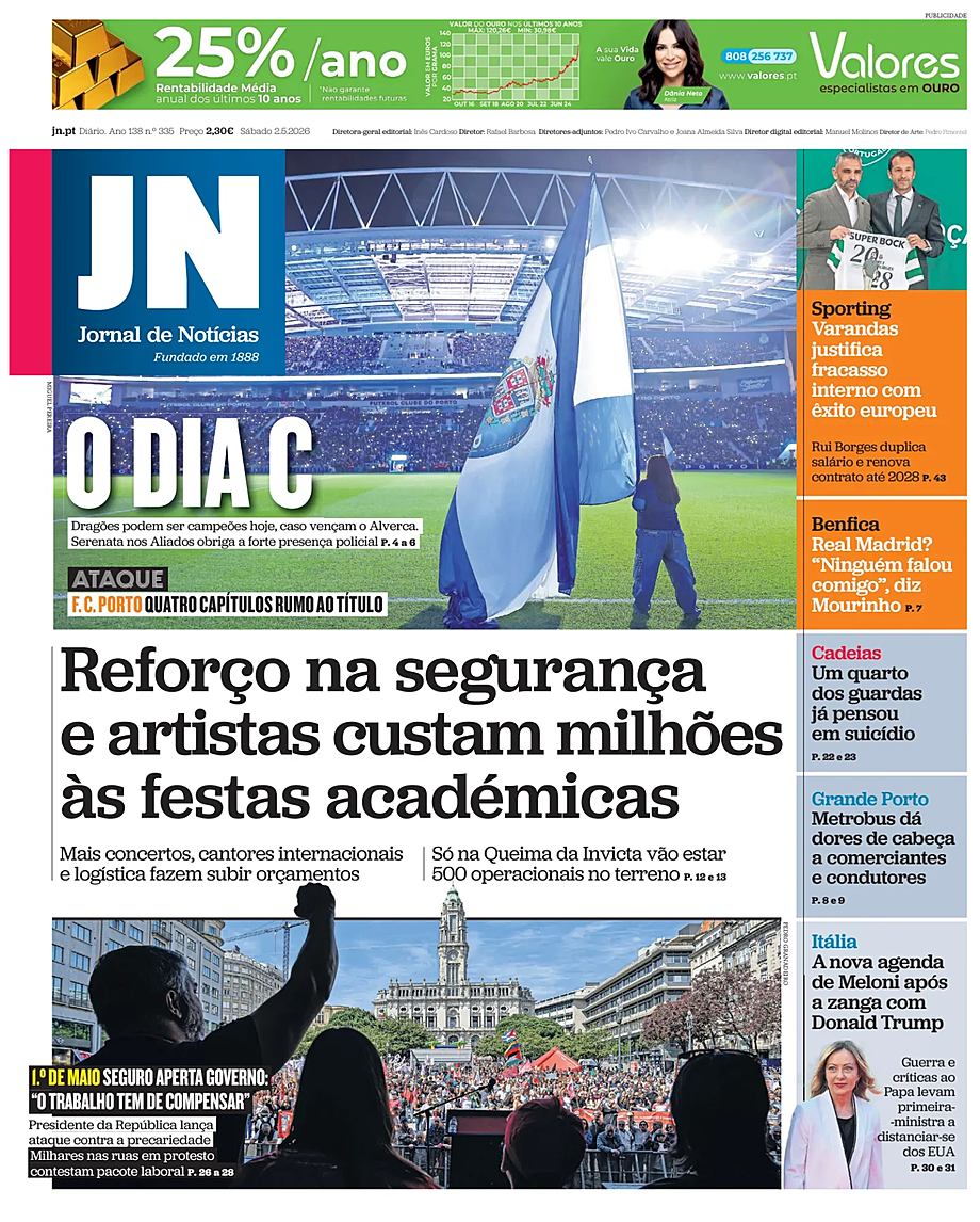 Capa de Jornal de Notícias de hoje - Imprensa 2 Maio 2026