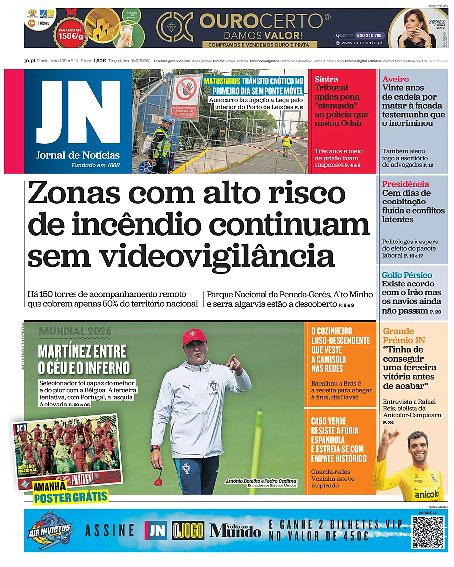 Capa de Jornal de Notícias de hoje - Imprensa 16 Junho 2026