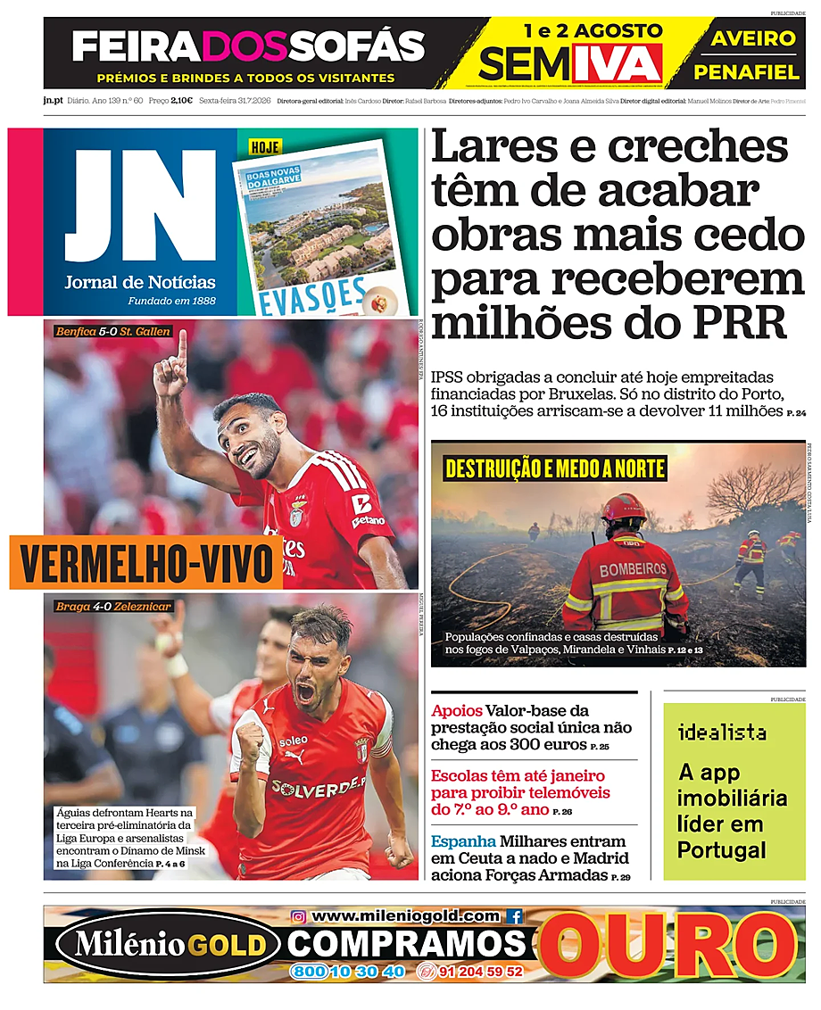 Capa de Jornal de Notícias de hoje - Imprensa 31 Julho 2026
