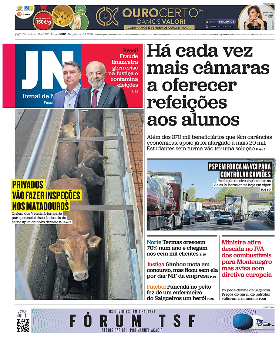 Capa de Jornal de Notícias de hoje - Imprensa 15 Setembro 2026
