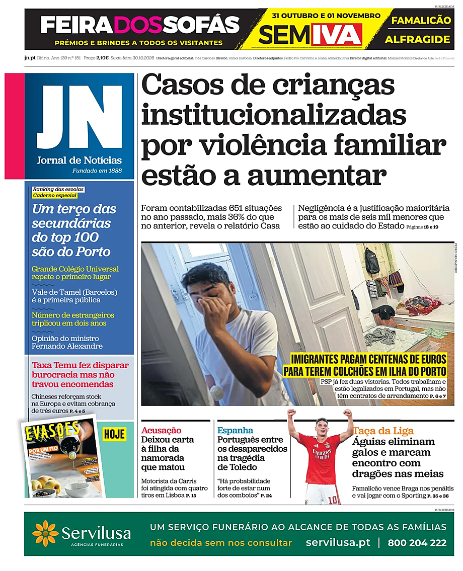 Capa de Jornal de Notícias de hoje - Imprensa 30 Outubro 2026