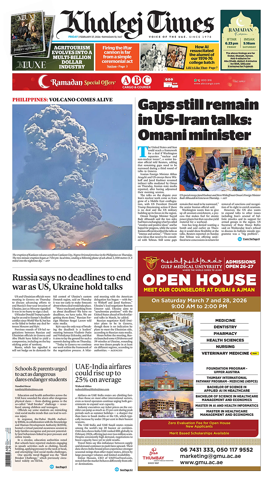 Prima pagina Khaleej Times di oggi - Edicola 27 Febbraio 2026