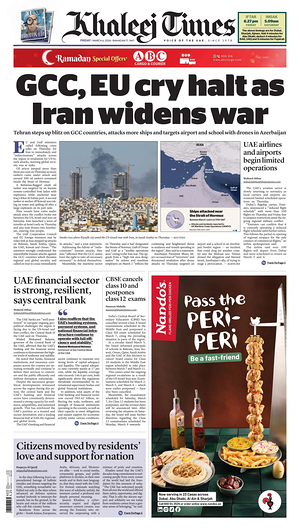 Prima pagina Khaleej Times di oggi - Quotidiano estero