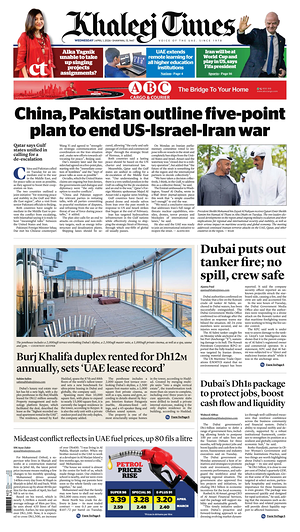 Prima pagina Khaleej Times di oggi - Quotidiano estero