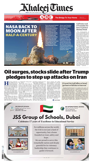 Prima pagina Khaleej Times di oggi - Quotidiano estero