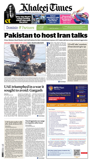 Prima pagina Khaleej Times di oggi - Quotidiano estero