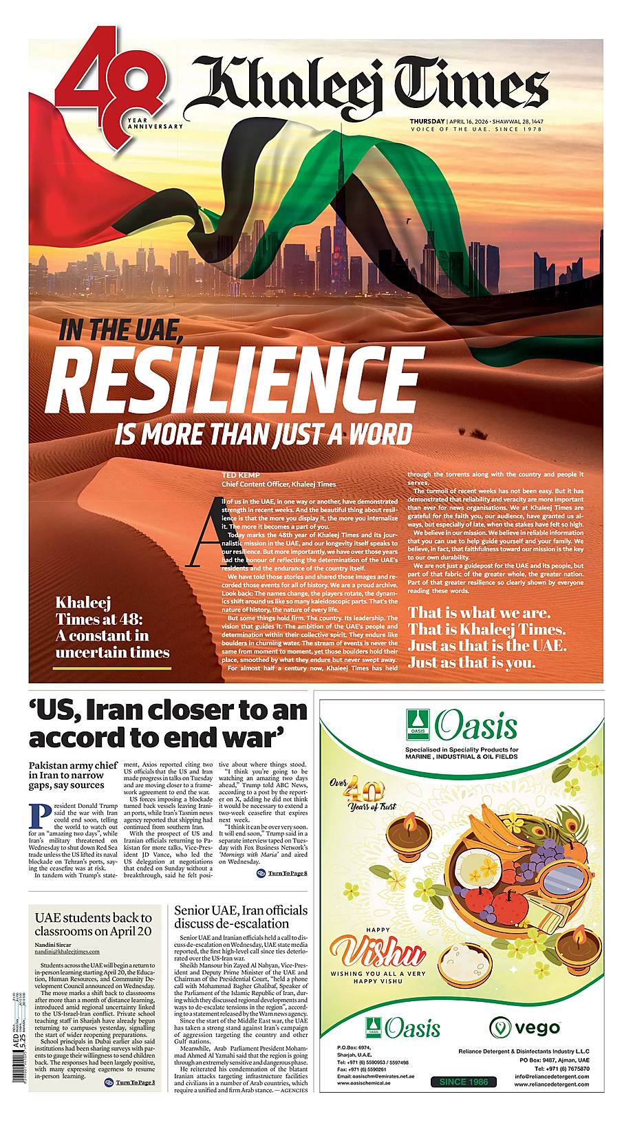 Prima pagina Khaleej Times di oggi - Edicola 16 Aprile 2026