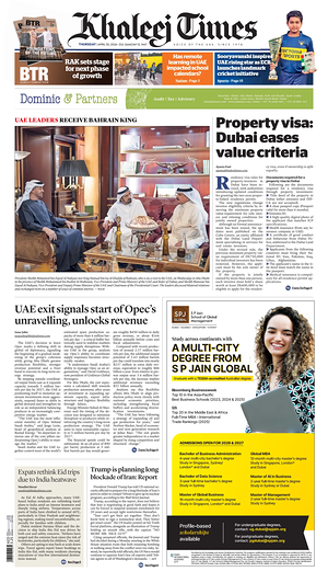 Prima pagina Khaleej Times di oggi - Quotidiano estero