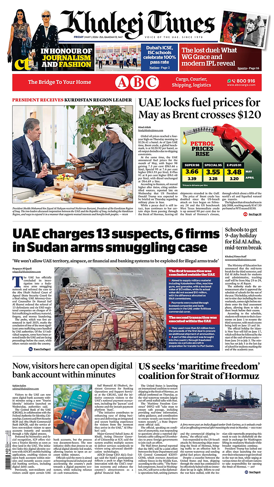 Portada Khaleej Times de hoy - Quiosco 1 mayo 2026