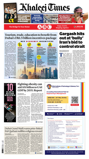 Prima pagina Khaleej Times di oggi - Quotidiano estero