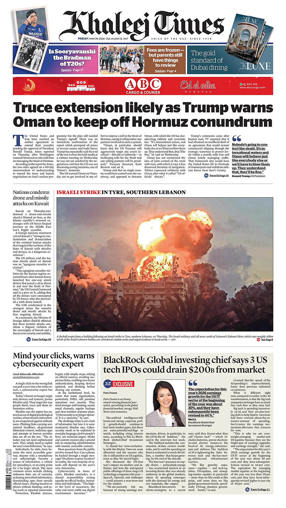 Prima pagina Khaleej Times di oggi - Edicola 29 Maggio 2026