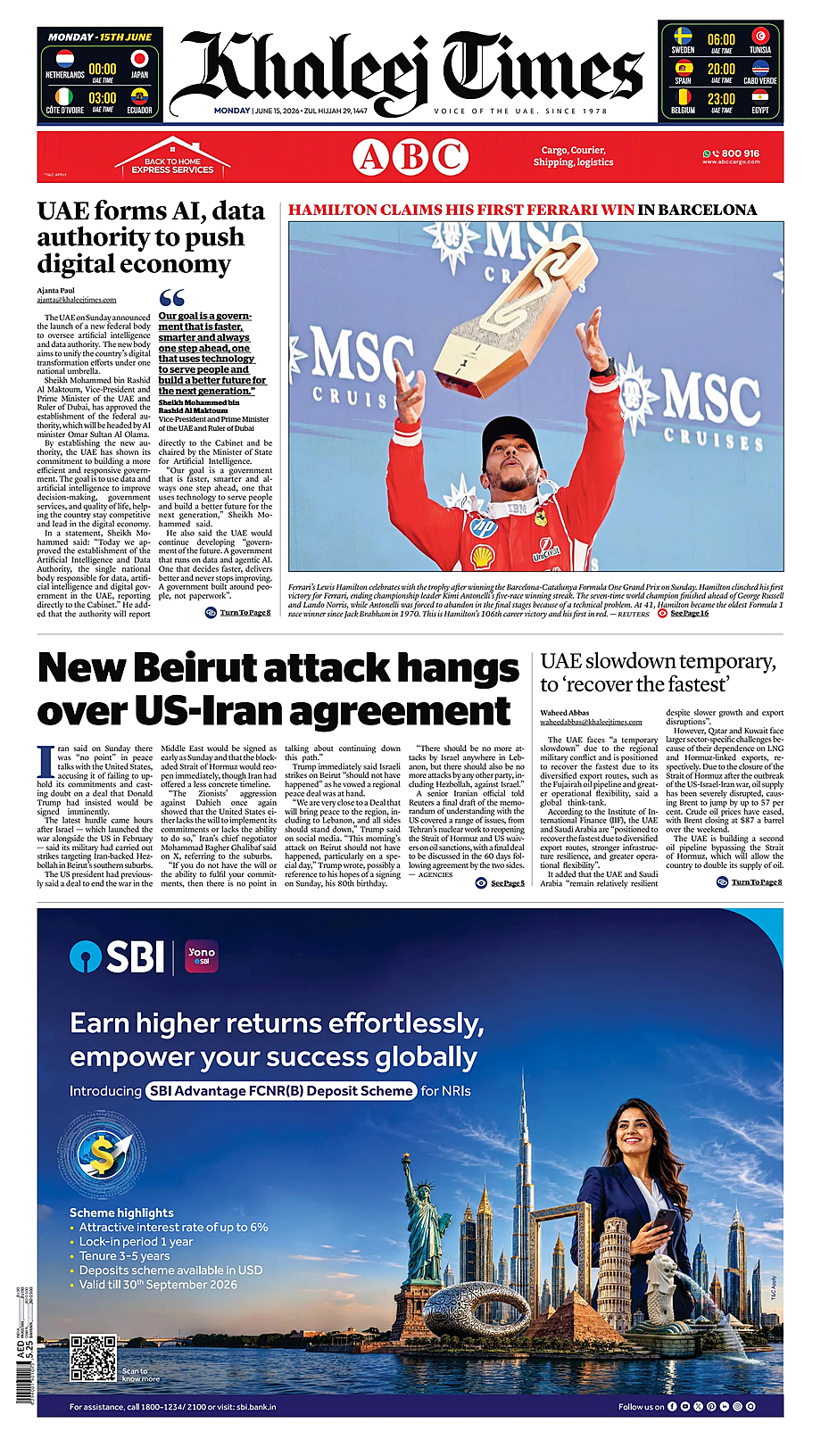 Portada Khaleej Times de hoy - Quiosco 15 junio 2026