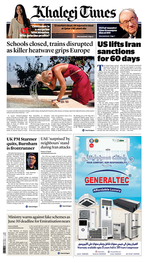 Prima pagina Khaleej Times di oggi - Quotidiano estero