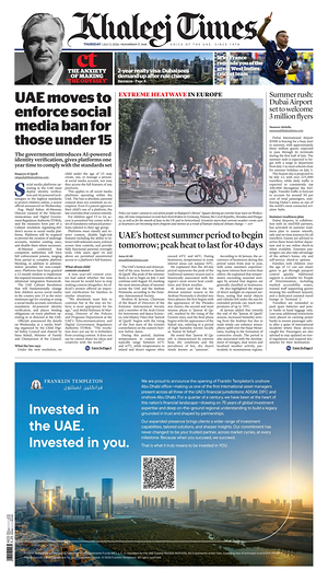 Prima pagina Khaleej Times di oggi - Quotidiano estero