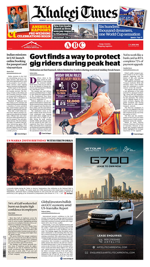 Prima pagina Khaleej Times di oggi - Quotidiano estero