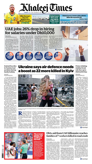Prima pagina Khaleej Times di oggi - Quotidiano estero