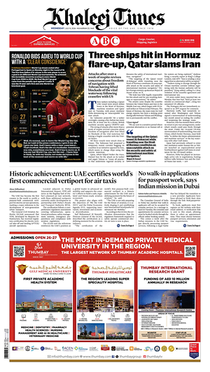 Prima pagina Khaleej Times di oggi - Quotidiano estero