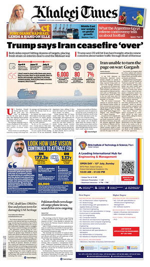 Prima pagina Khaleej Times di oggi - Quotidiano estero