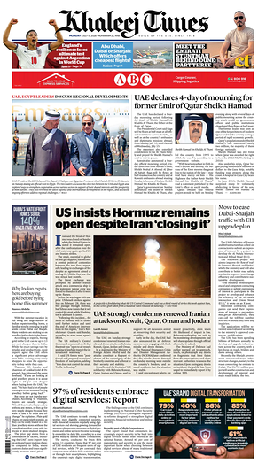 Prima pagina Khaleej Times di oggi - Quotidiano estero