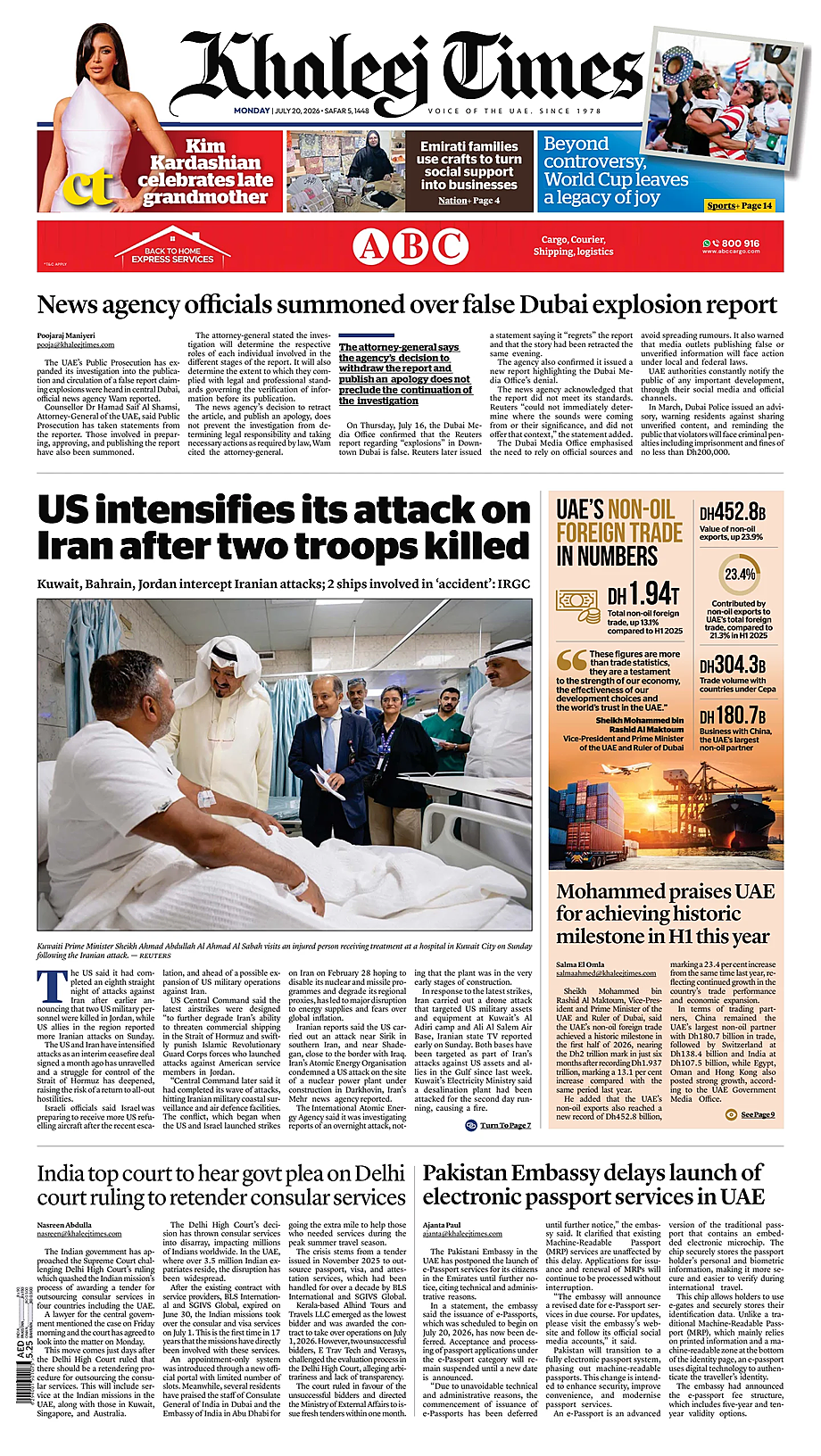 Prima pagina Khaleej Times di oggi - Edicola 20 Luglio 2026