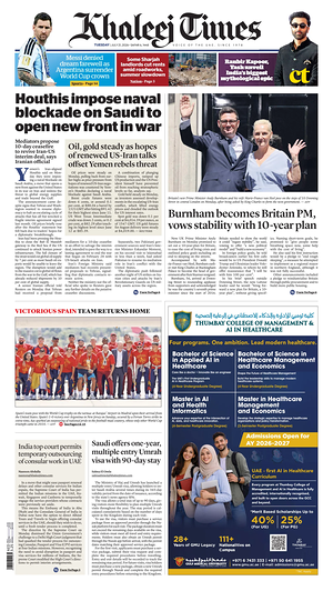 Prima pagina Khaleej Times di oggi - Quotidiano estero