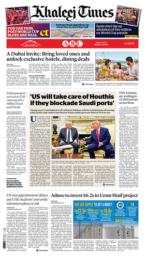 Prima pagina Khaleej Times di oggi - Quotidiano estero