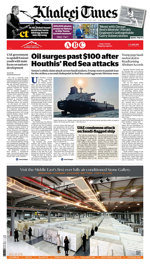 Prima pagina Khaleej Times di oggi - Quotidiano estero
