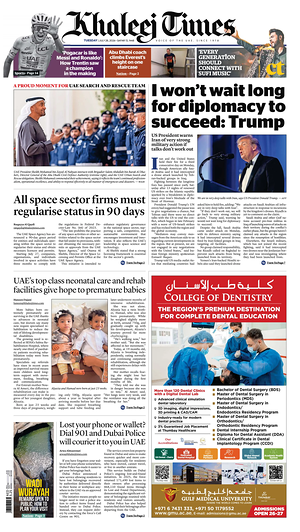 Prima pagina Khaleej Times di oggi - Quotidiano estero