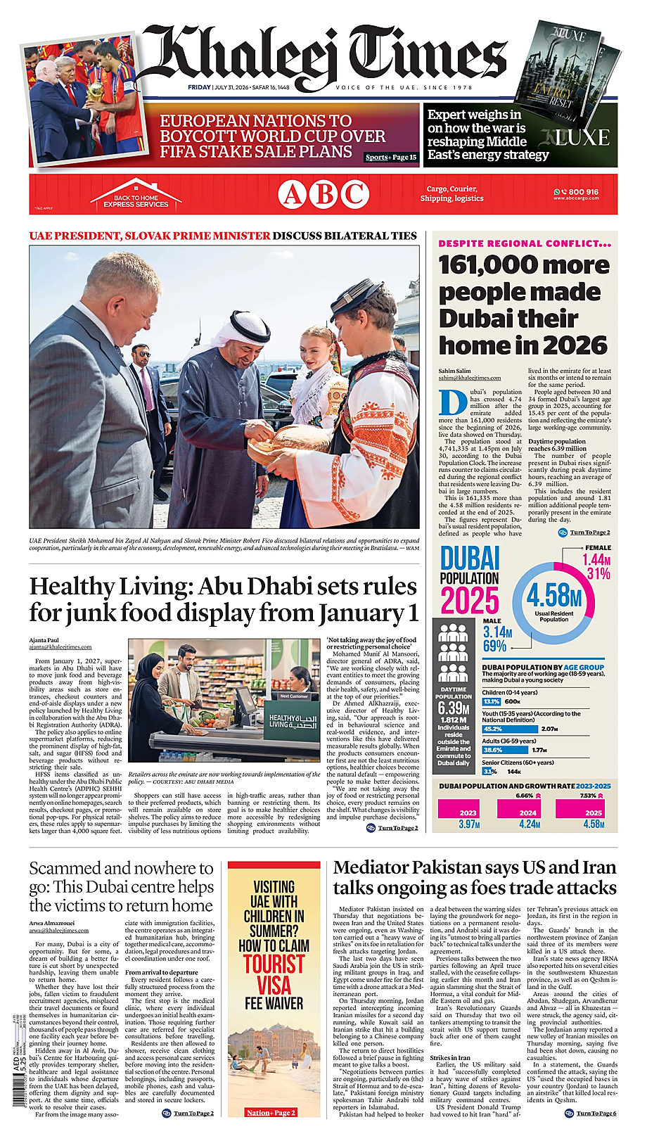 Portada Khaleej Times de hoy - Quiosco 31 julio 2026