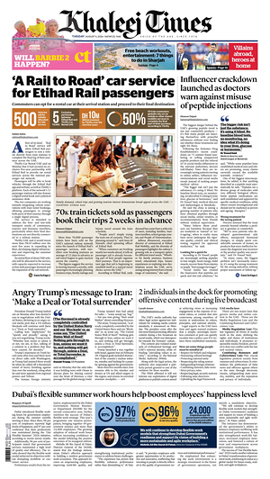 Prima pagina Khaleej Times di oggi - Quotidiano estero
