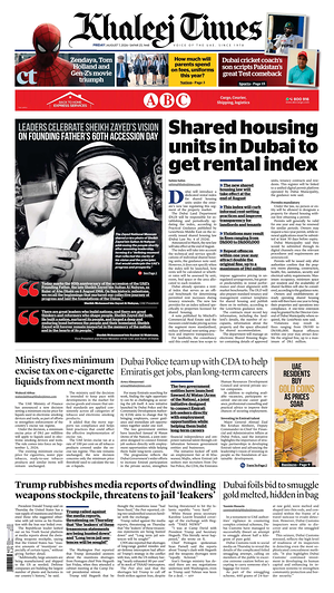 Prima pagina Khaleej Times di oggi - Quotidiano estero