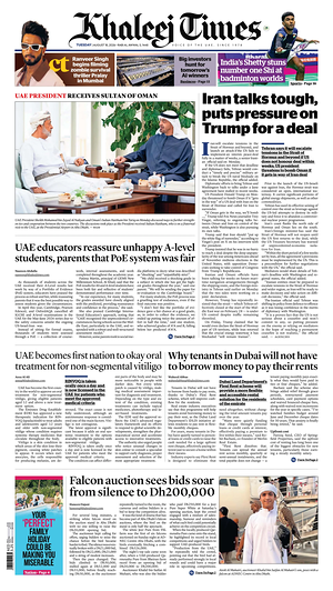 Prima pagina Khaleej Times di oggi - Quotidiano estero