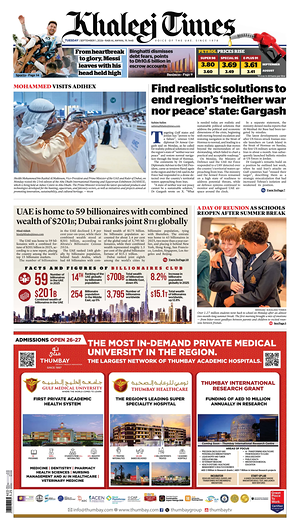 Prima pagina Khaleej Times di oggi - Quotidiano estero