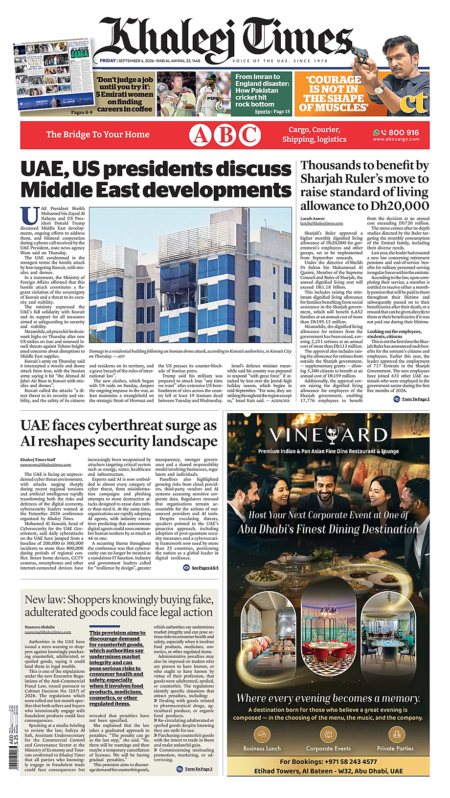 Prima pagina Khaleej Times di oggi - Edicola 4 Settembre 2026