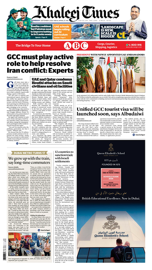Prima pagina Khaleej Times di oggi - Quotidiano estero