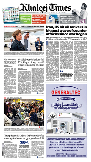 Prima pagina Khaleej Times di oggi - Quotidiano estero